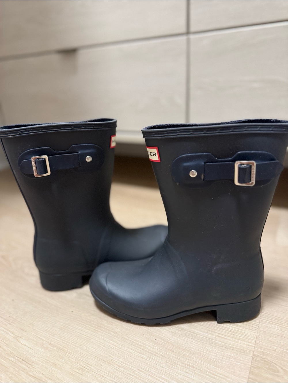 Hunter Short Matte Navy Rain Boots with Side Buckle